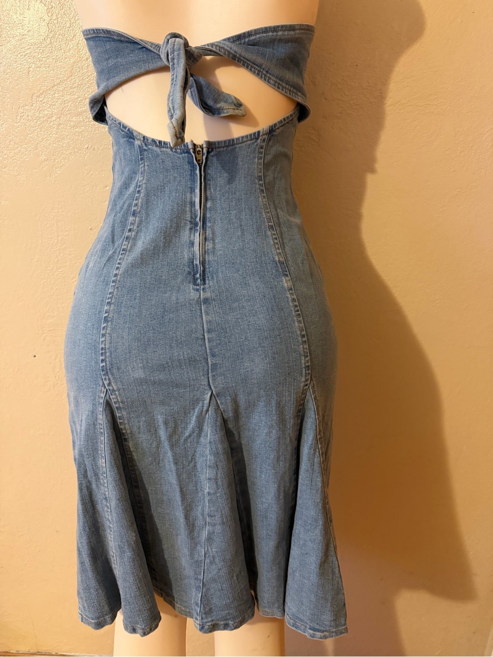 Hot Kiss Light Blue Denim Flare Midi Dress with Tie-Back